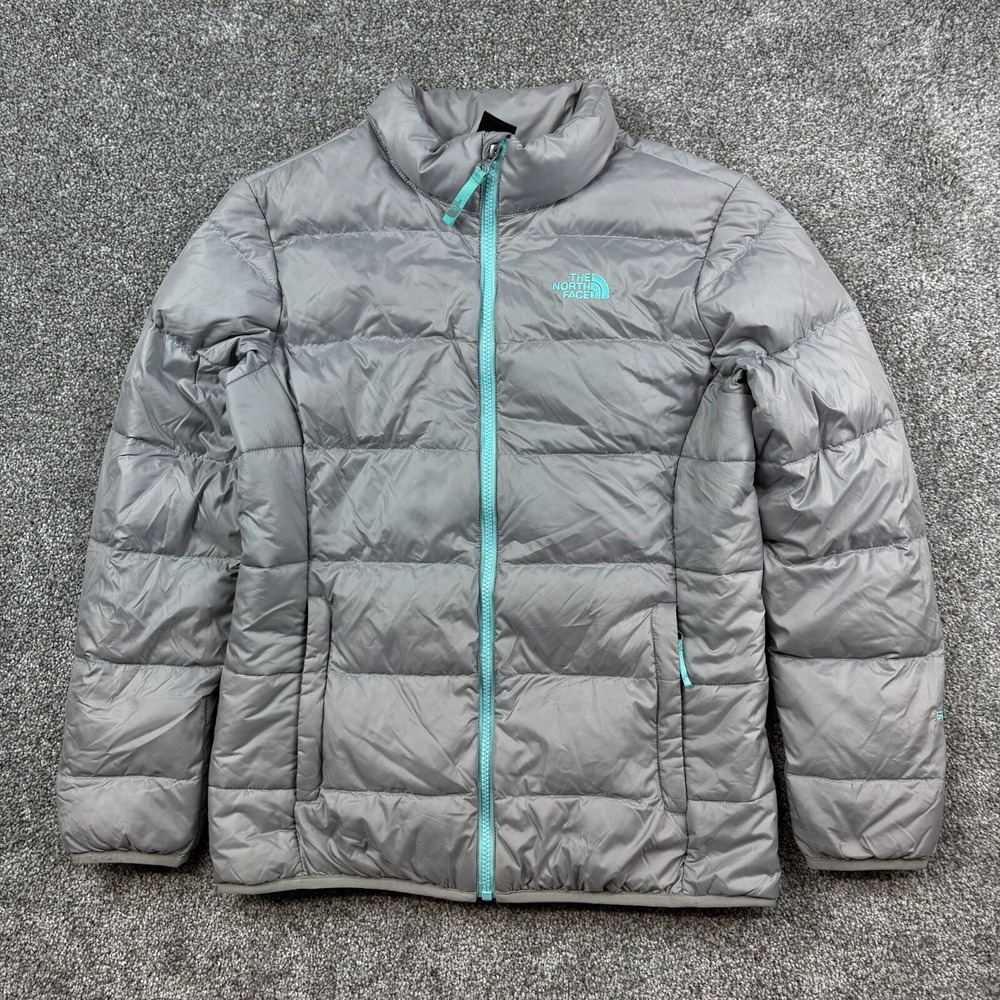 The North Face Andes 550 Puffer Jacket Girlโ XL Gray Blue Down Fill Full Zip